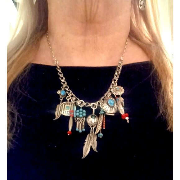 Handmade Artisan Native American Sterling Turquoise Coral Charm Necklace - Picture 3 of 8